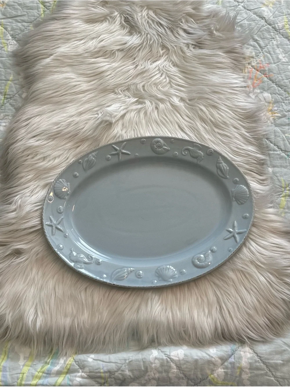 Vintage Nantucket Home Pale Blue Oval Sea Life Embossed Serving Platter